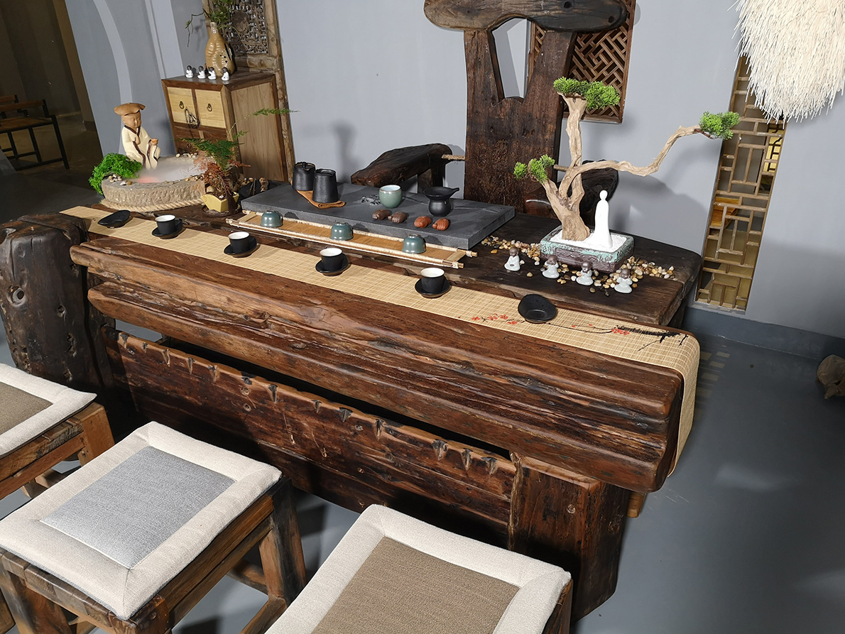 老船木茶桌椅组合办公一体泡茶台大板实木原生态风化木旧船木茶几