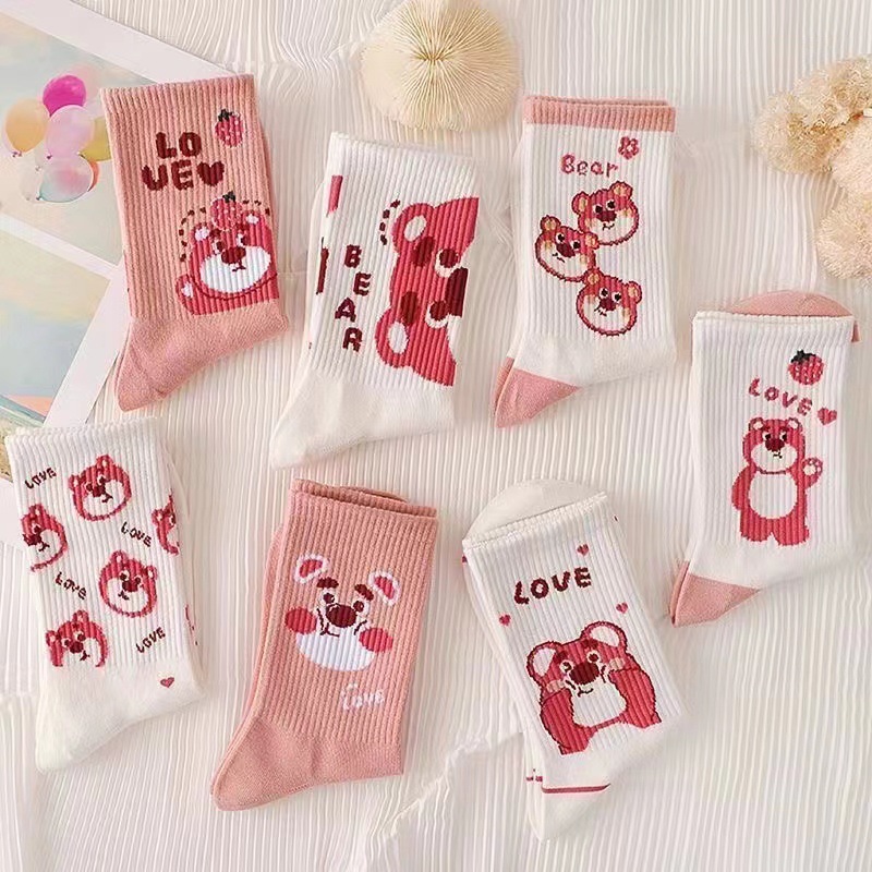 Cute Women's Pink Strawberry Bear Socks Ins Fashionable All-Matching Autumn and Winter Tube Socks College Style Long Fashion Socks for Women