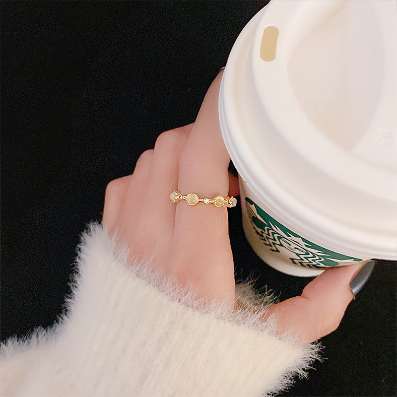 Korean Style Fashion Retro Ins Cold Style Open Ring Hot Girl Simple Pearl Zircon Bracelet Net Red Tail Ring
