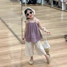 韩版女童套装2024夏装紫色吊带蕾丝相拼娃娃衫洋气碎花阔腿裤子