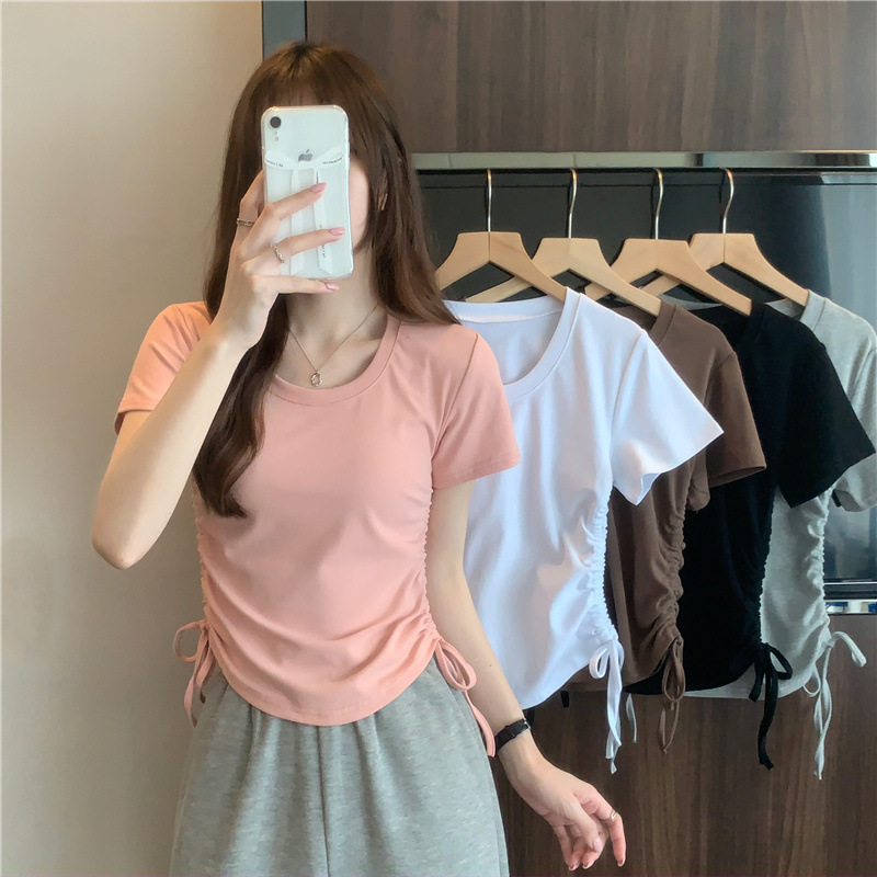 round Neck Drawstring Slimming Short-Sleeved T-shirt for Women 2024 New Summer Niche Korean Simple Chic Slim Top Fashion