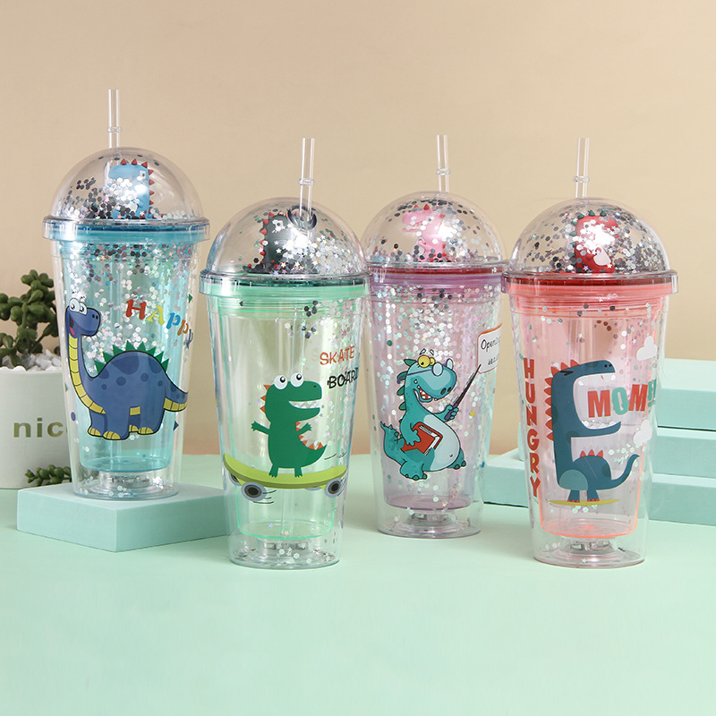 New Cartoon Double-Layer Plastic Cup Creative Dinosaur Doll Water Cup Men and Women Student Straw Cup with Lights