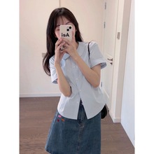 学院风小个子甜美宽松短袖衬衫女夏季韩版学生高级短款蓝色衬衣朝