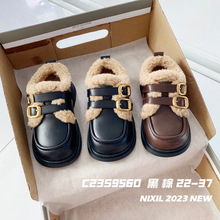 2023冬季新款儿童时尚加绒小皮鞋男女童圆头舒适英伦风单鞋9560