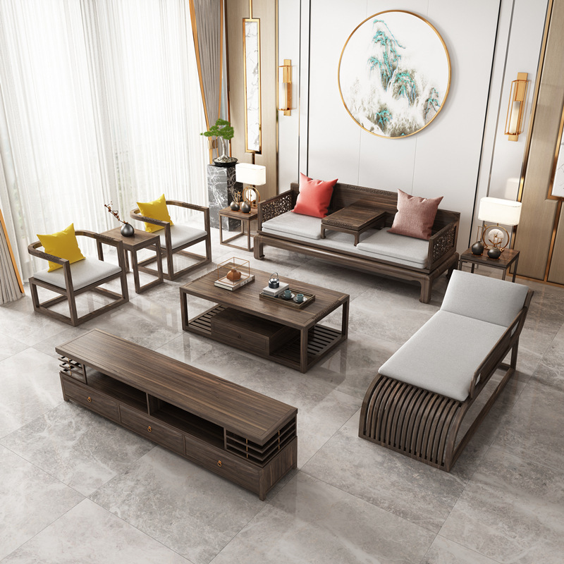 新中式古典实木沙发组合高档乌金檀木雕花罗汉床贵妃榻别墅客厅