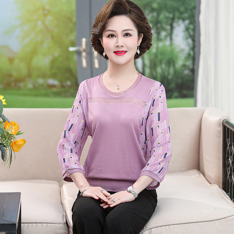 2022新款妈妈装春夏装针织t恤中年女装夏拼接纱袖上衣40-50岁小衫