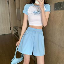 韩系夏季休闲短裤女装水洗棉工装裤宽松高腰阔腿裤百搭时尚三分裤