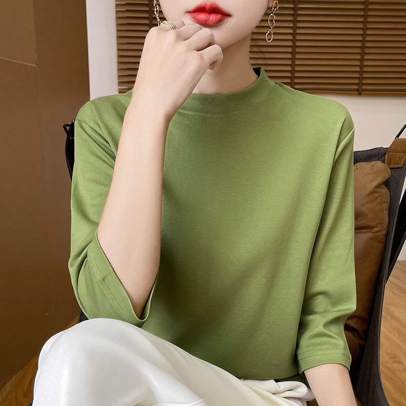 棉七分袖t恤女上衣2025新款半高领体恤宽松中袖打底衫内搭夏秋