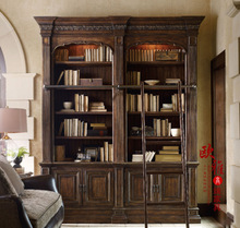 美式组合书柜橡木 欧式实木复古书架 双开门书橱带梯书房家具定制