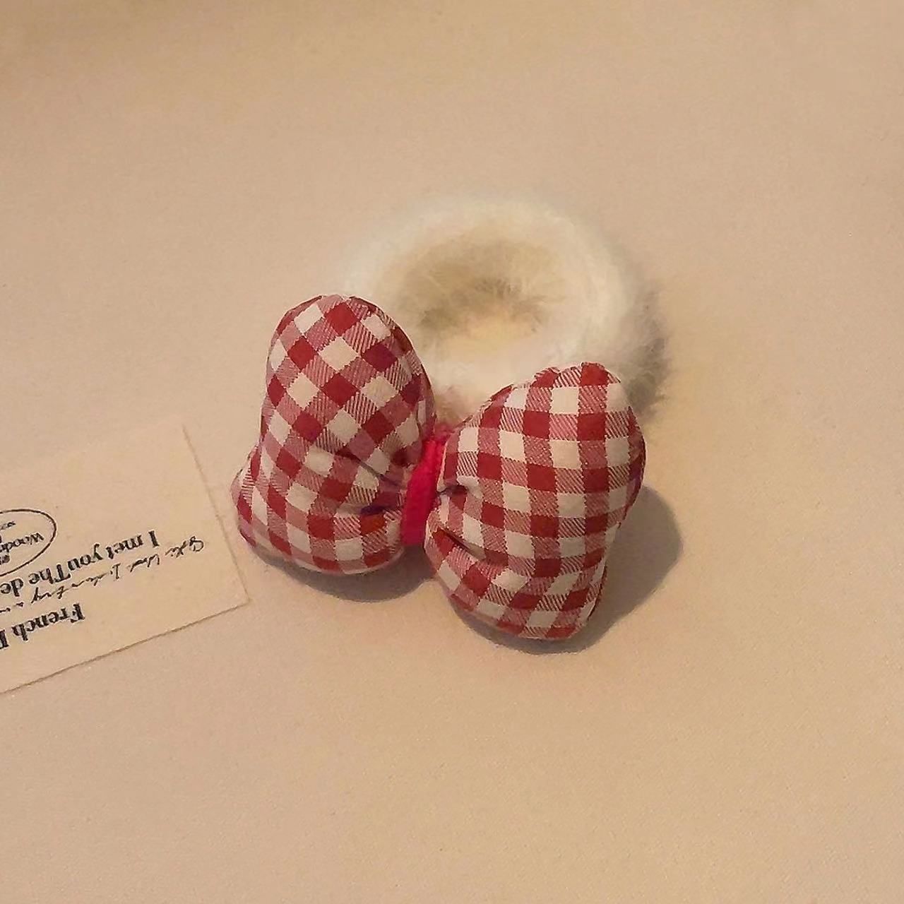 Sweet Girl Red Plaid Bow Hair Rope Girl Plush Hair Ring Headband Hair Band Bun Hair Ornament