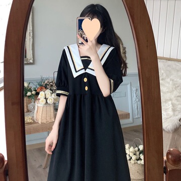赫本学院风连衣裙女夏季胖大码法式复古收腰显瘦海军领减龄长裙