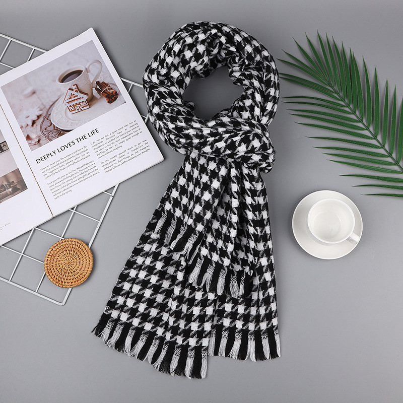 Houndstooth Scarf for Women 2023 Winter New Plaid Cashmere-like Tassel Shawl Thickened Cold Protection Warm Scarf