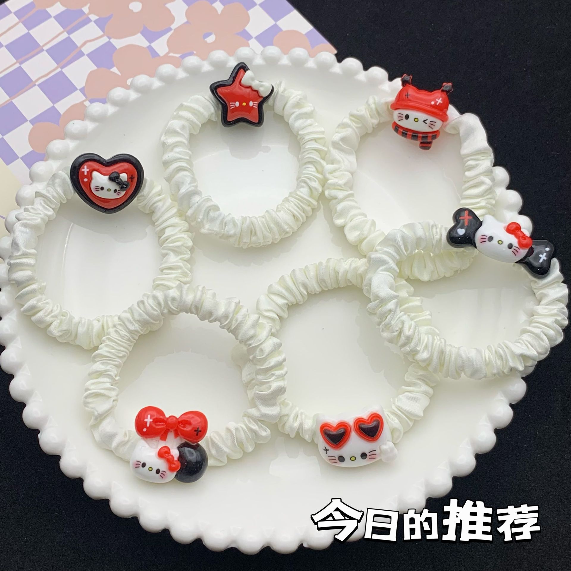 Cartoon Cute Black and Red Cat Bone Hair Rope Ins Girl Heart Student Couple Small Rubber Band Headdress Mori Style Hair Ring