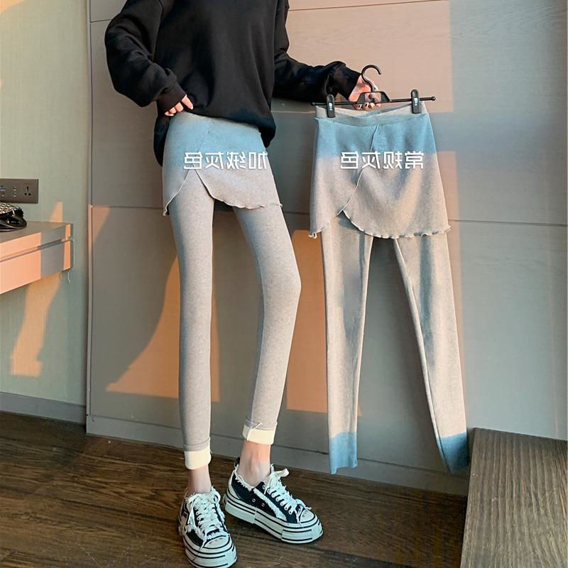 2022春秋冬加绒修身打底裤子女设计感屁帘假两件时尚高腰小脚裤女