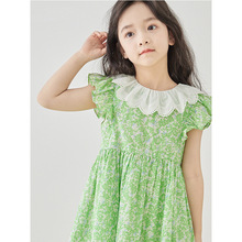 夏季新品女童纯棉甜美超仙连衣裙花边领绿色碎花公主裙