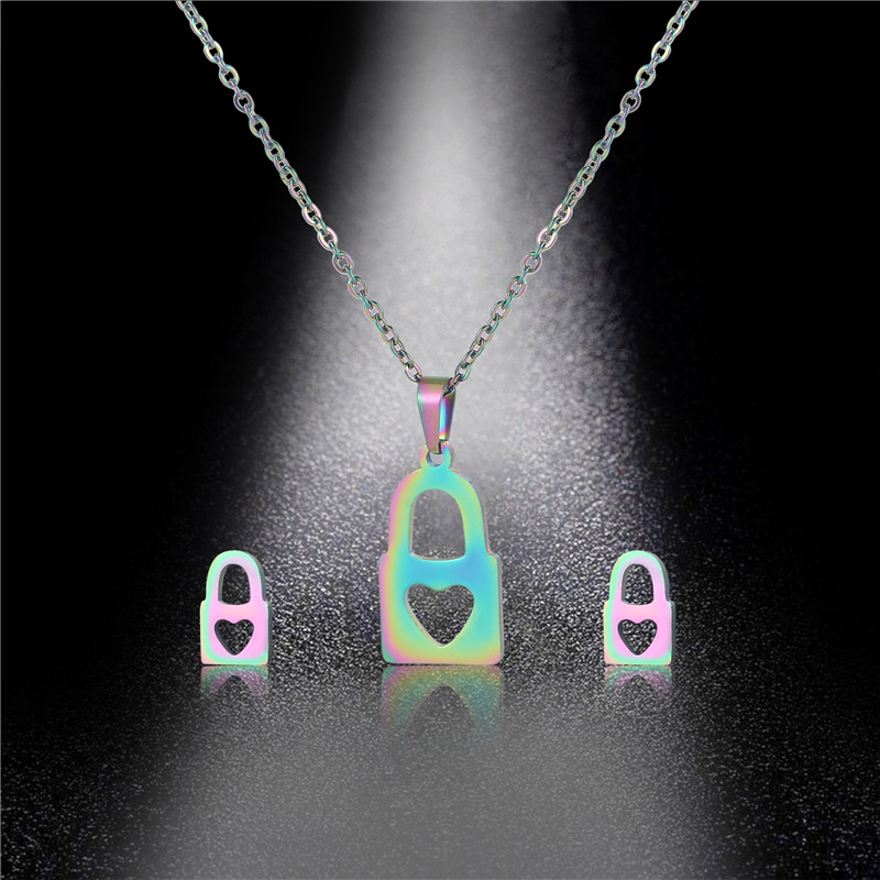 Cross-Border Internet Celebrity New Necklace Hip Hop Colorful Stainless Steel Clavicle Chain Earings Set Female Colorful Heart Lock Necklace