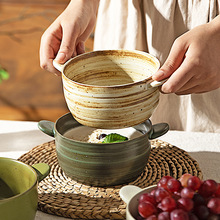 日式粗陶双耳汤碗陶瓷家用新款甜品面碗高颜值日式焗烤碗