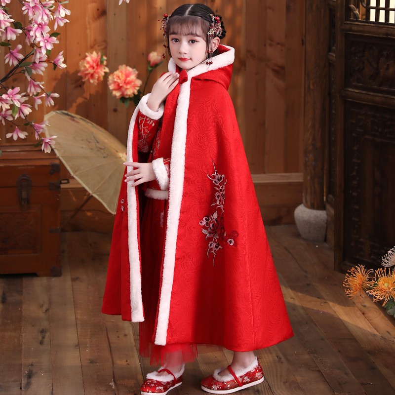 Children's Shawl Cloak Baby Going out Windproof Hood Coat Girls' Fleece-Lined Hanfu Cloak Chinese Style Autumn and Winter