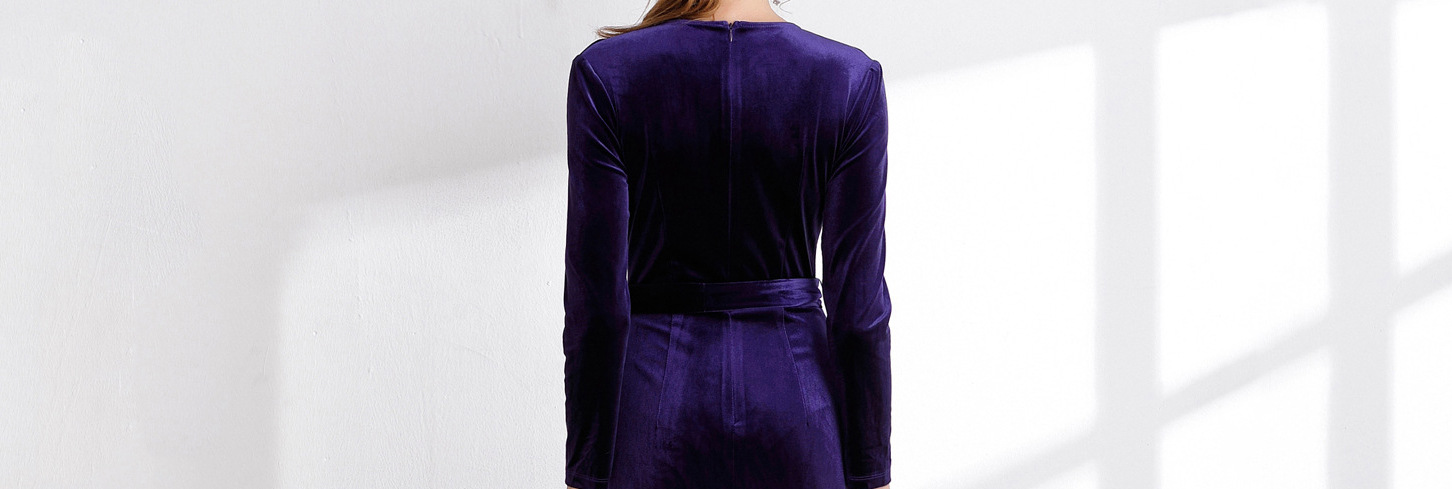 跨境妈妈款紫色礼服新款天鹅绒v领长袖系腰宴会显瘦长款晚礼服