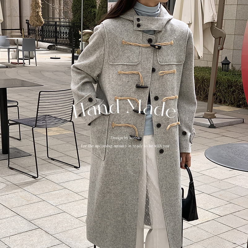 ym913 韩国东大门牛角扣双面手缝羊毛大衣女款气质毛呢外套女