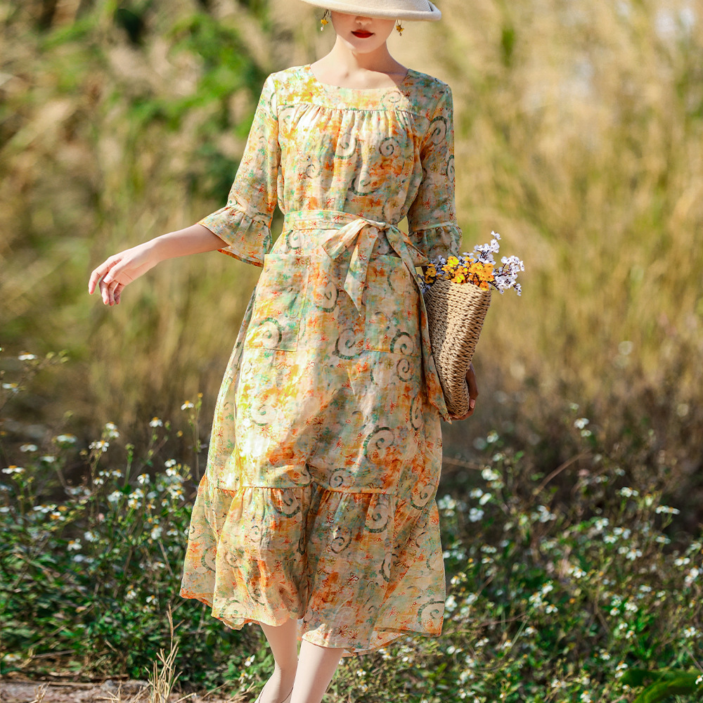 2021春夏田园风印花苎麻连衣裙高腰系带喇叭袖中袖荷叶边大摆裙