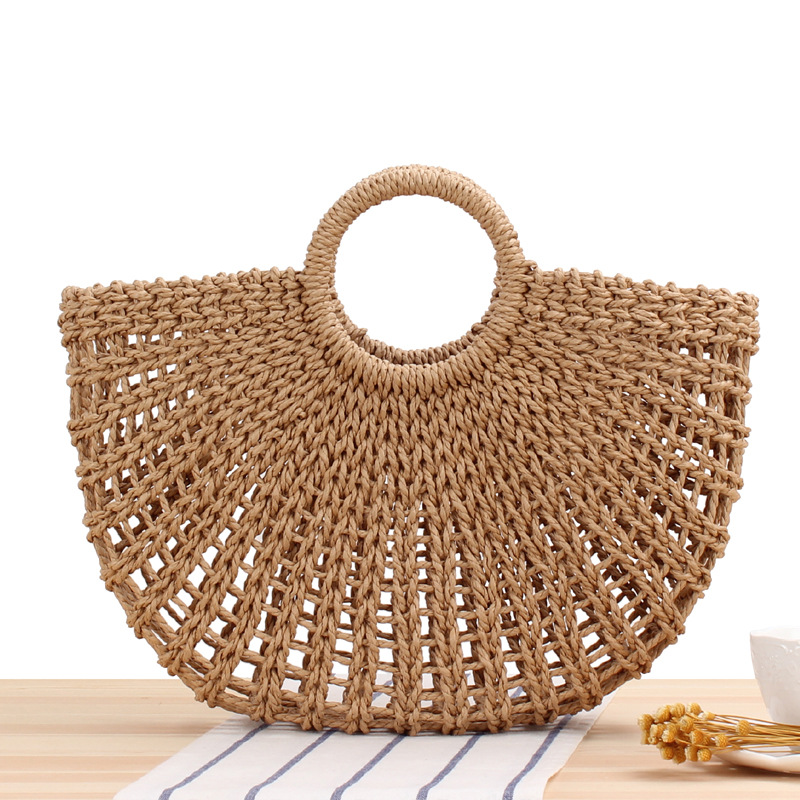 Forest Simple Hand Carrying Straw Bag Handmade Woven Hollowed Beach Bag Summer Beach Photo