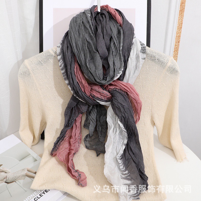 Colorful Pleated Cotton and Linen Scarf Women's Autumn and Winter Warm-Keeping and Cold-Proof Neck Protection Scarf Silk Scarf Fashion Sunscreen Shawl Headcloth