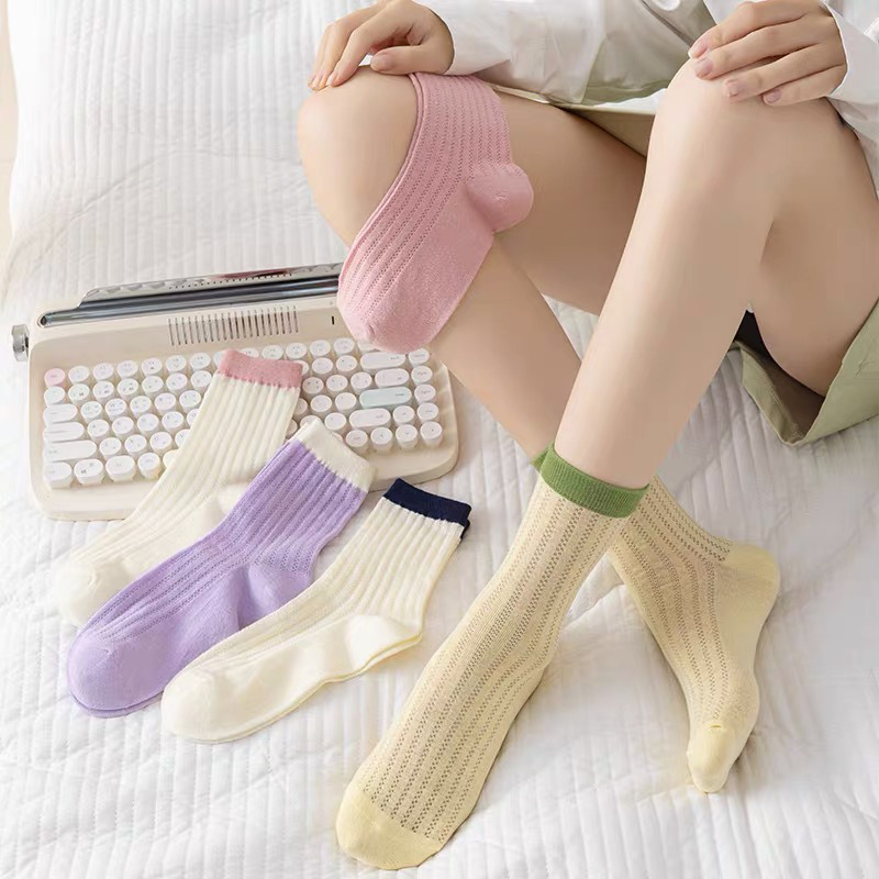 Women's Socks Japanese Style Thin Tube Socks Contrast Color Candy Color Bunching Socks Vertical Stripes Versatile Spring and Autumn Stockings Women