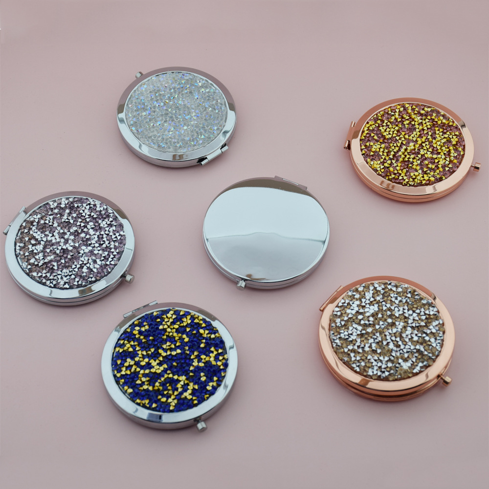 Crystal Stick-on Crystals round Double-Sided Mirror Portable Mini Pocket Mirror 70 Snap Button Gold Rose Gold Silver Small Mirror