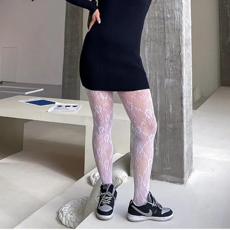 大码胖mm镂空蕾丝网袜连裤袜日系洛丽塔花朵蝴蝶结渔网袜黑色显瘦