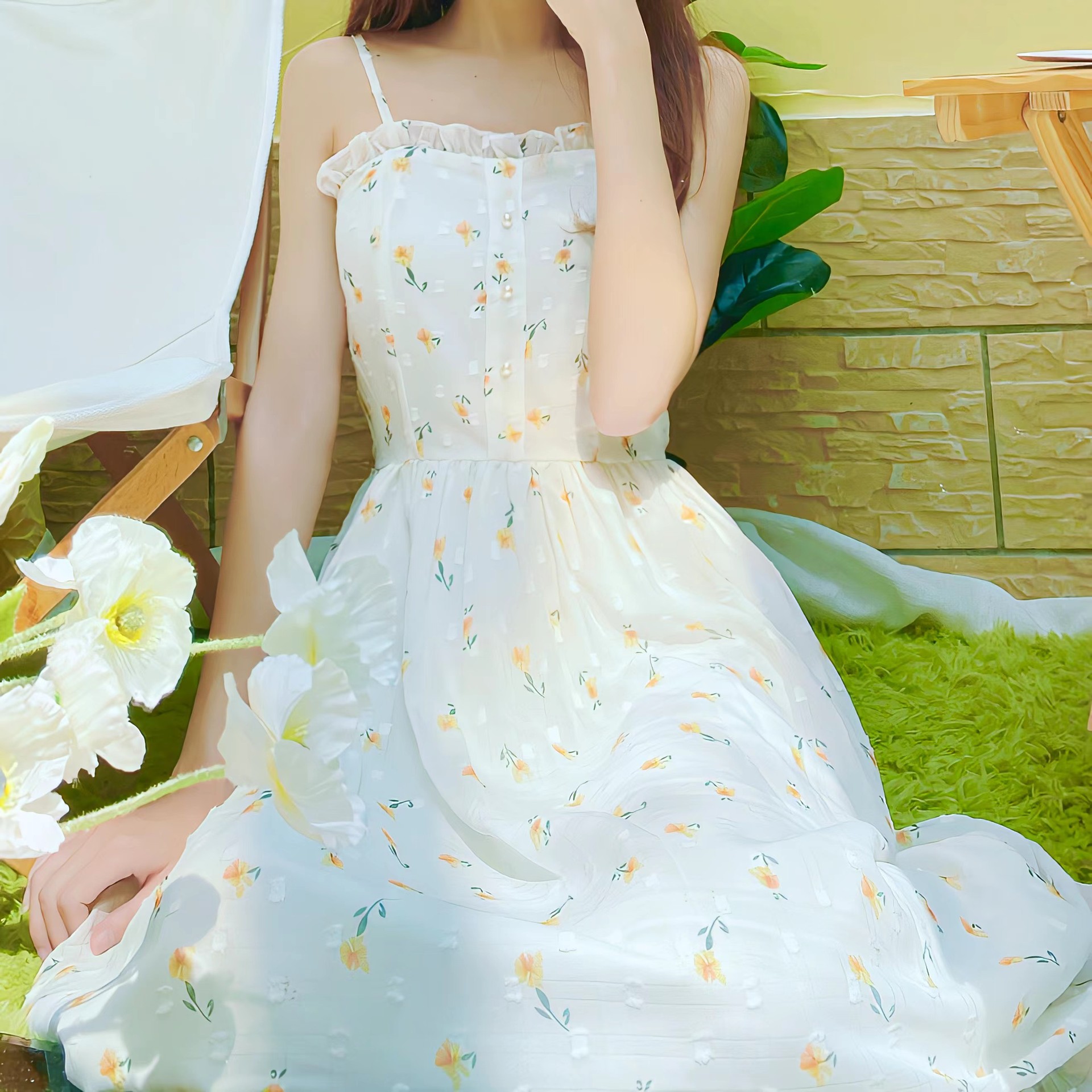 Sweet Floral Suspender Dress Summer Mori Style Waist-Controlled White Long Dress First Love Niche Fairy All-Matching Women's Clothing