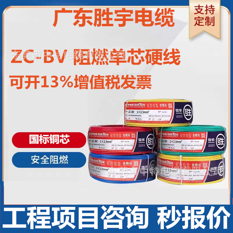 广东胜宇电线电缆国标阻燃家装单芯铜芯ZC-BV1.5/2.5/4/6/10平方