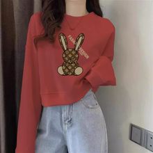 2025年新款高腰短款枣红色卫衣女春秋薄款小个子圆领加绒兔子上衣