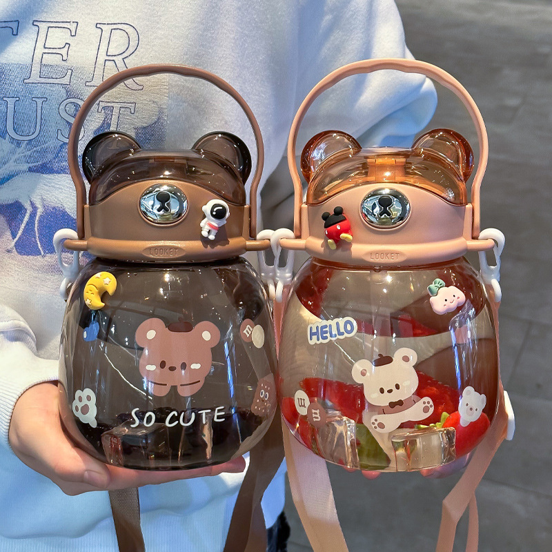 bear water cup cute high-looking girl with straw cup big belly cup plastic cup children school kettle student