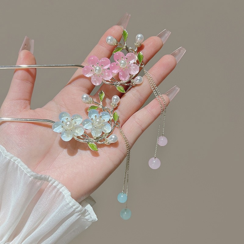 素雅桃花流苏发簪古风步摇高级感簪子旗袍汉服盘发钗2023新款头饰