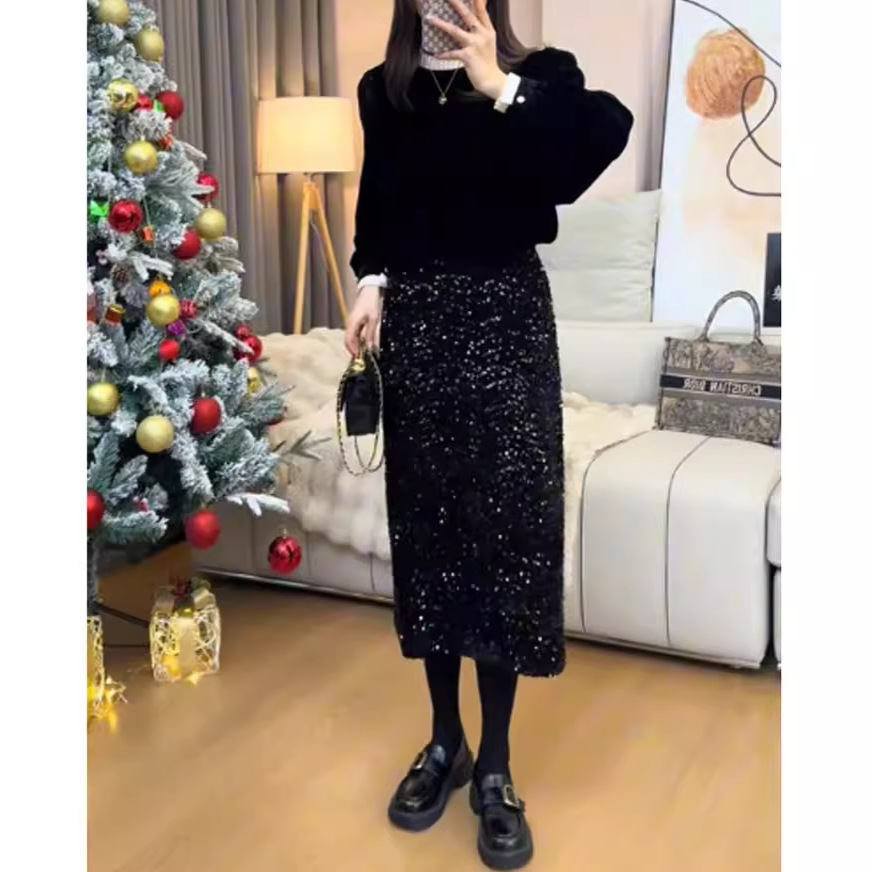黑色亮片冬裙a字半身裙秋冬款女小个子高腰显瘦包臀长裙春季半裙
