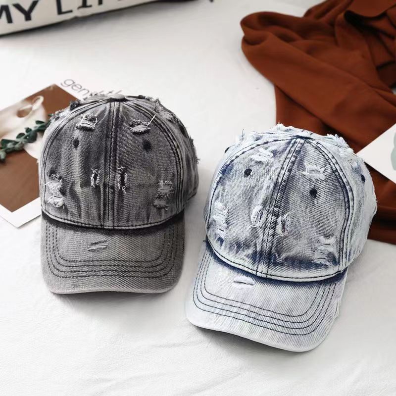 British Ripped Amazon Retro Worn Looking Washed-out Denim Baseball Cap Men and Women Adjustable Ripped Peaked Cap Tide