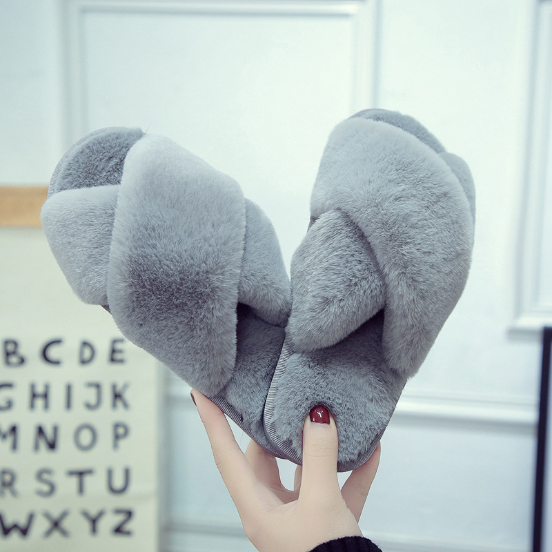 Cross Fluffy Slippers Women's Winter Foreign Trade Amazon 43 plus Size Home Plush Open Toe Warm Sewing Cotton Slippers Wholesale