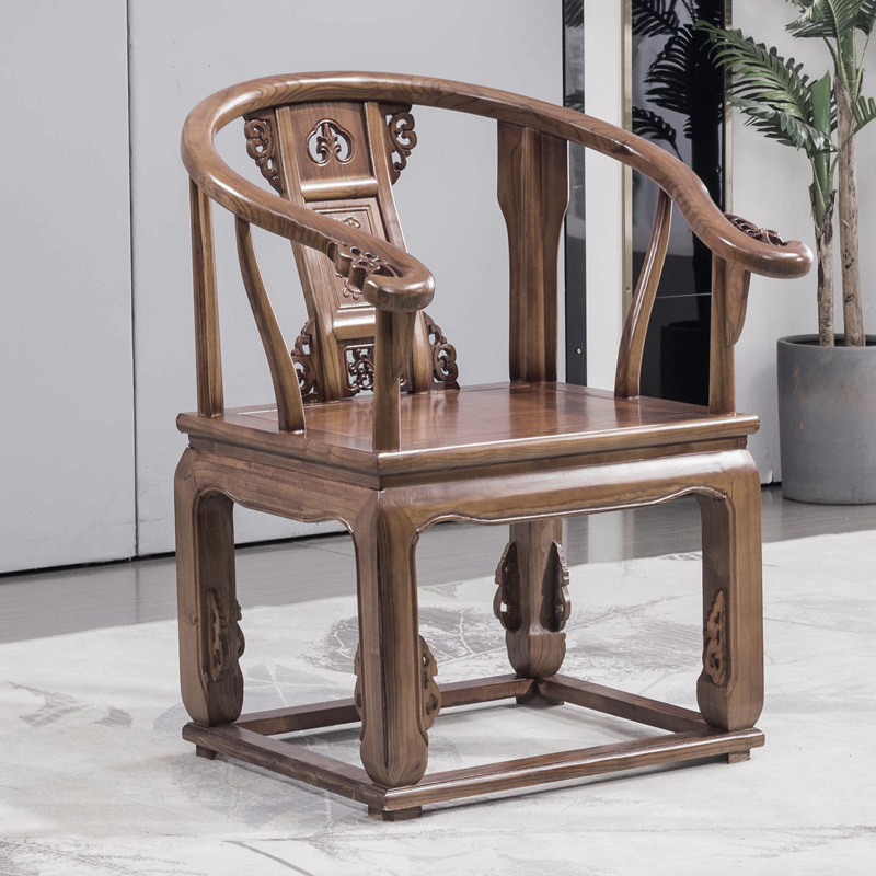 新中式南榆木实木椅子靠背椅酒楼饭店餐椅牛角椅仿古茶椅圈椅整装