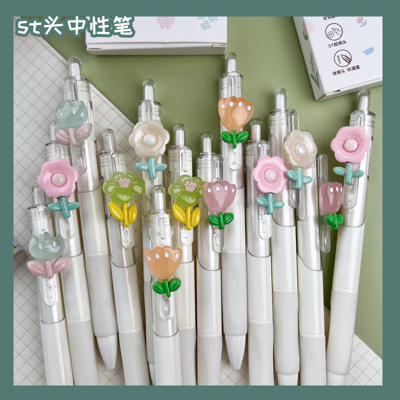 花朵按动笔st头限定高品质中性笔学生ins风少女心礼品挂件笔批发