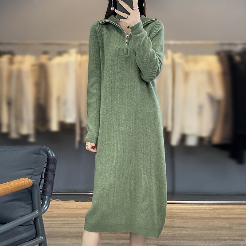 Autumn and Winter New Knitted Dress Women's 100 Pure Wool Dress Long Skirt over the Knee Slimming Bottoming Skirt Zipper Sweater Dress