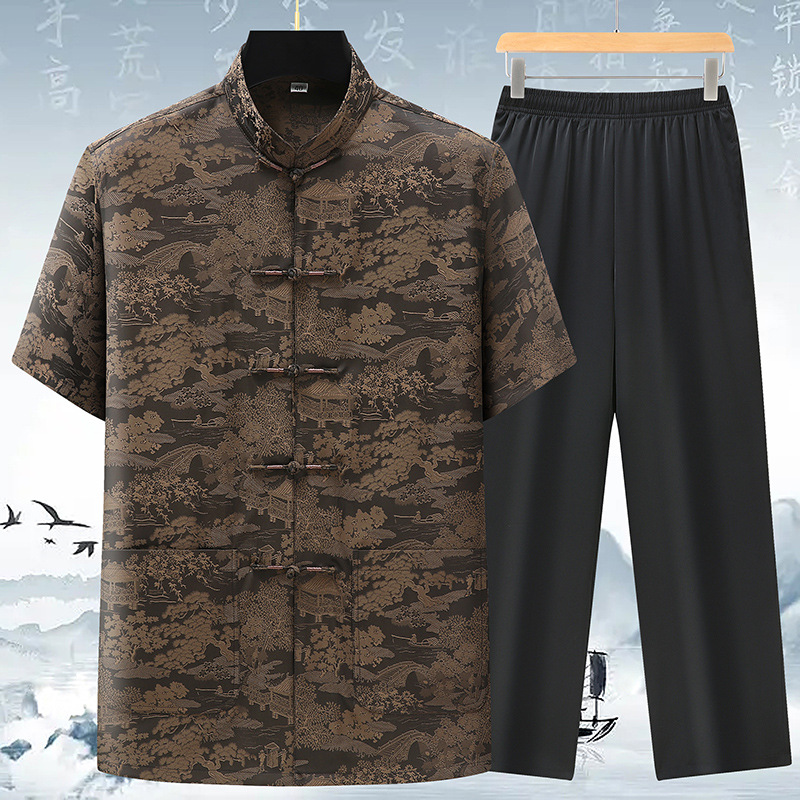 2023新款夏装香云纱中老年男装两件套唐装薄款套装中国风爸爸短袖