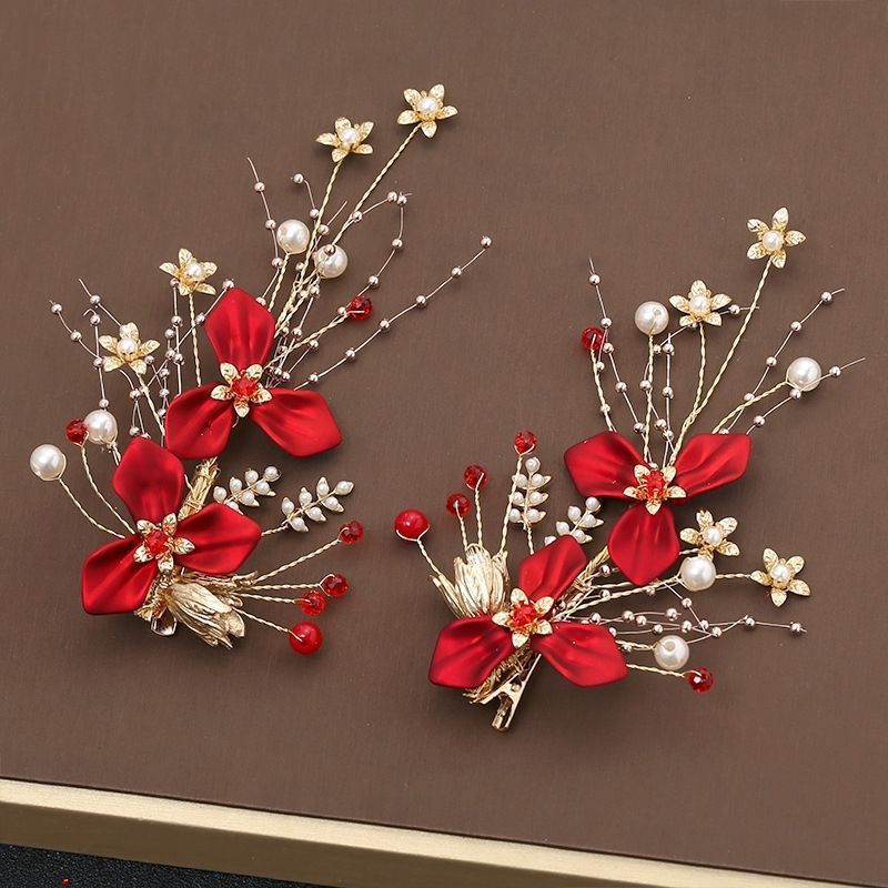 新款新娘头饰森系超仙红色头花边夹敬酒服结婚礼服发饰品新娘头花