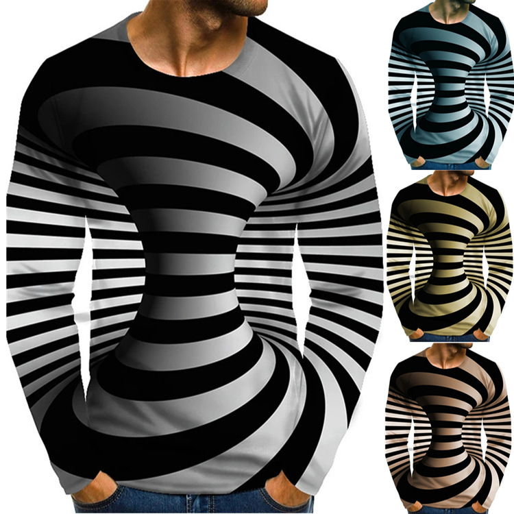 2021跨境欧美男装亚马逊wish独立站休闲视错觉图形印花长袖t恤