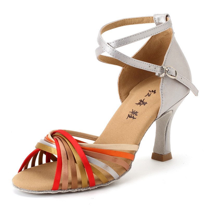 红舞鞋舞蹈鞋女彩条高跟拉丁舞鞋成人国际交谊舞练功表演鞋1226