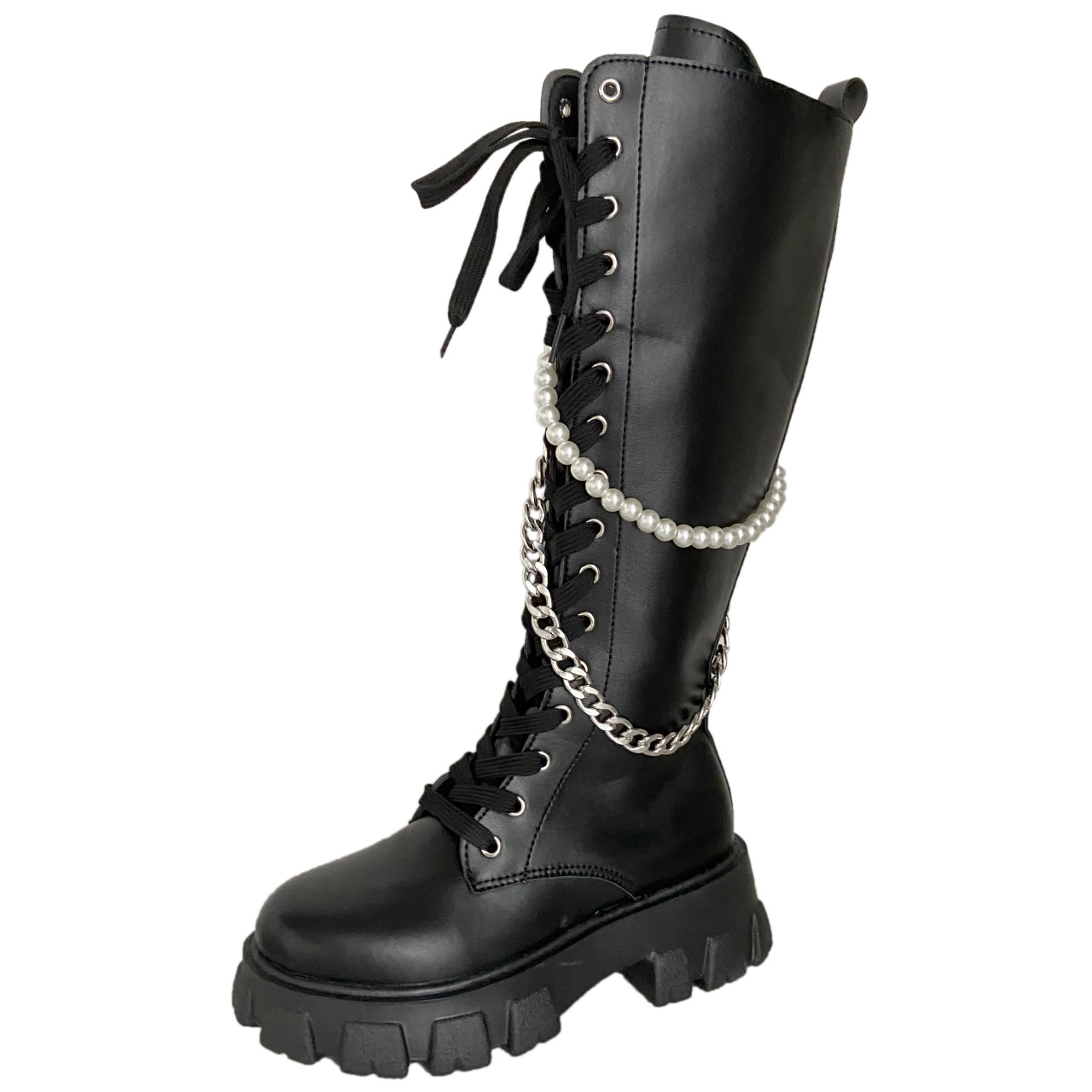 时尚长筒马丁靴女流行夏季新款链条珍珠厚底英伦风圆头中跟长靴