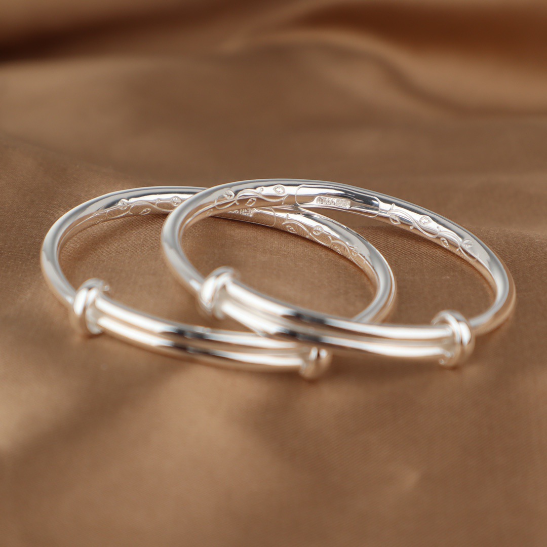 纯银9999足银手镯光面圆条推拉吉祥宝宝儿童婴儿小孩送礼银镯子新