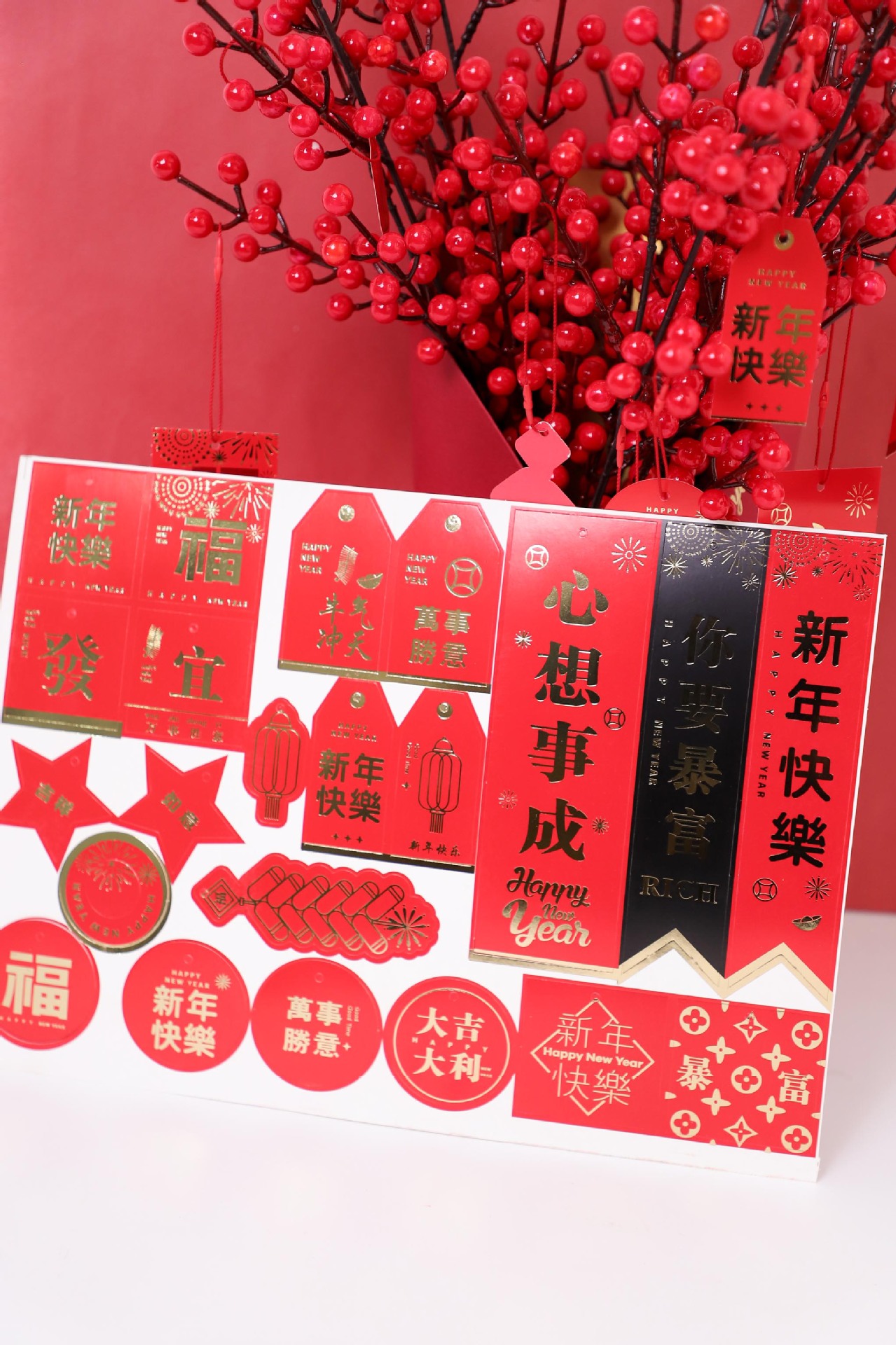 烫金新年贺卡吊牌年宵花福桶装饰挂件节日祝福卡片春节留言吊卡