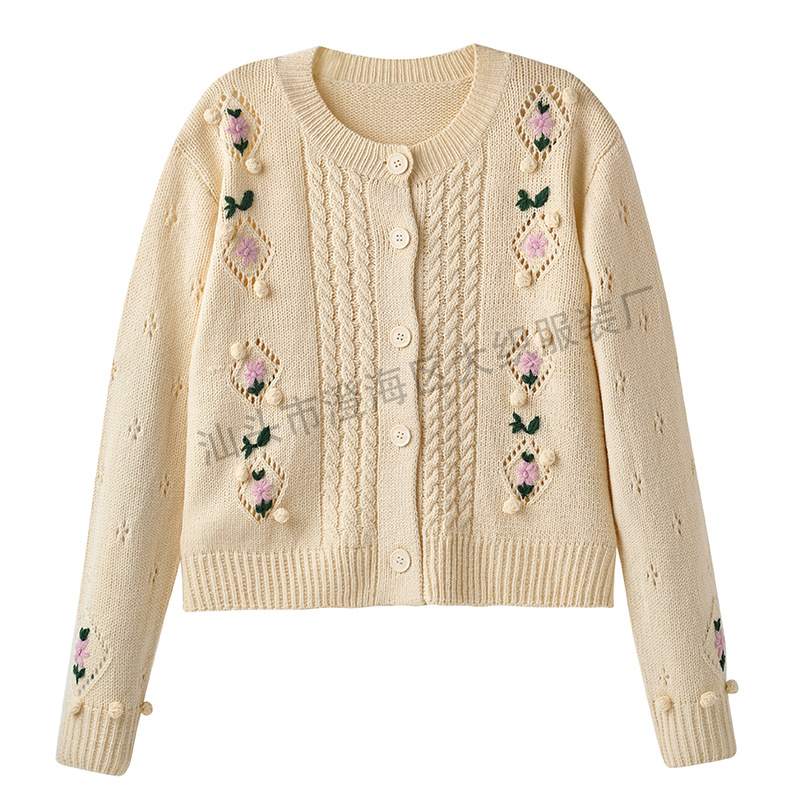 重工手工绣花毛衣外套女2023冬季新款宽松加厚慵懒风针织开衫女生