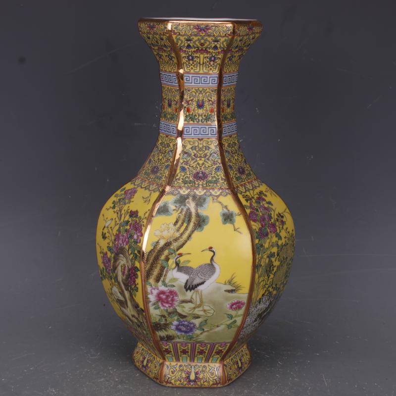 清乾隆描金珐琅彩花鸟六方瓶仿古工艺品瓷器家居中式摆件古玩收藏